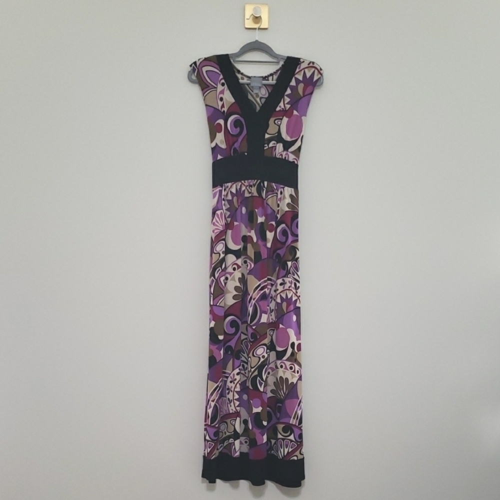 Vintage Y2k 90s Sleeveless Maxi Dress 6 Black Purple Earthy Jewel Tone Boho